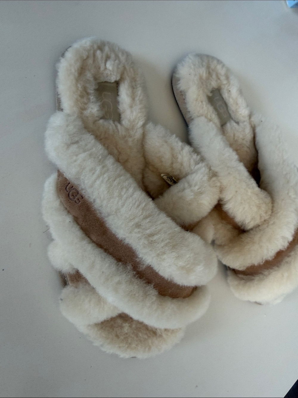 UGG Cozy Cross-Band Shearling Slides in Chestnut and Cream